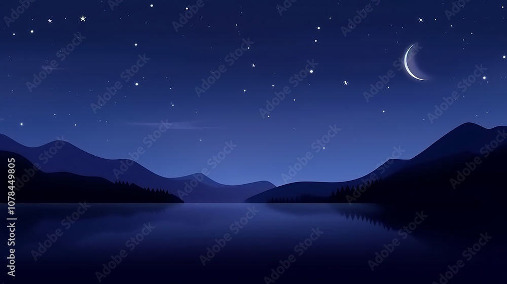 Fototapeta premium Silhouetted Mountains Reflecting in a Still Lake Under a Starry Night Sky