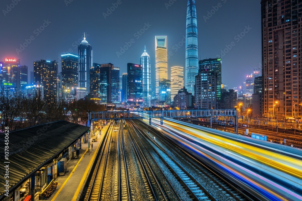 A high-speed train in motion, with a cityscape background of skyscrapers at night. The long exposure creates blurred light trails on the tracks, with a combination of blue and yellow tones