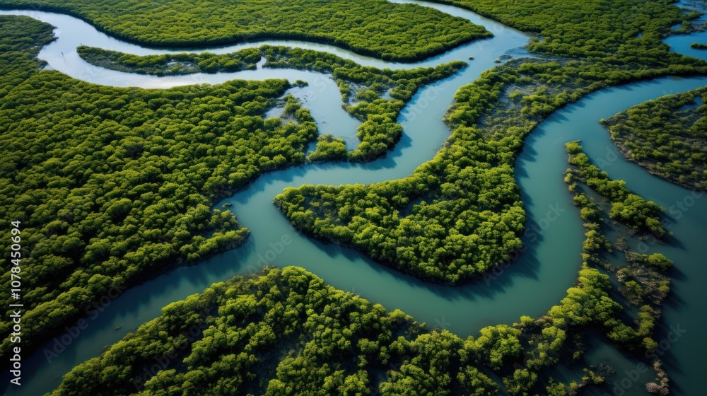Aerial shot of a mangrove forest with its dense canopy and winding waterways, showcasing the interlaced branches and their role in coastal protection Aerial shot of a mangrove forest with its dense canopy and winding waterways, showcasing the interlaced branches and their role in coastal protection