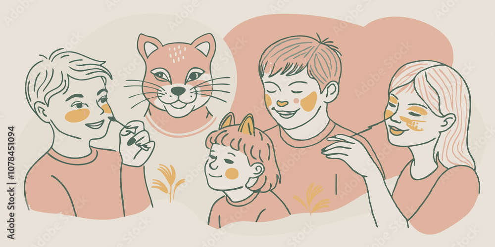 Face Painting A joyful scene of young people getting animal face paint applied showcasing various designs like whiskers and colorful fur patterns. Face Painting A joyful scene of young people getting animal face paint applied showcasing various designs like whiskers and colorful fur patterns.