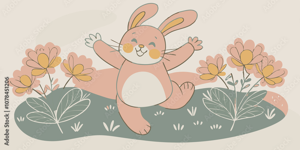 Fototapeta premium Energetic Bunny A person in a fluffy bunny suit hopping around happily in a vibrant garden filled with flowers highlighting a sense of playfulness and joy.