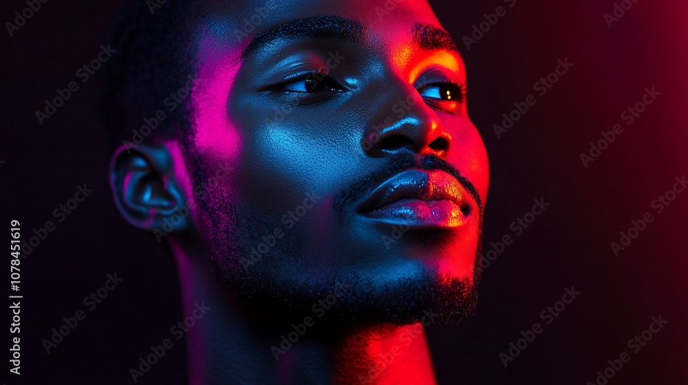 Close-up portrait of a young African American man with colorful lighting. Close-up portrait of a young African American man with colorful lighting.