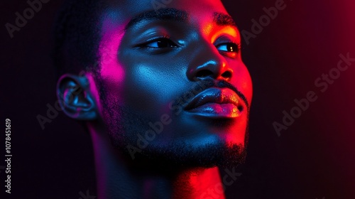 Close-up portrait of a young African American man with colorful lighting.