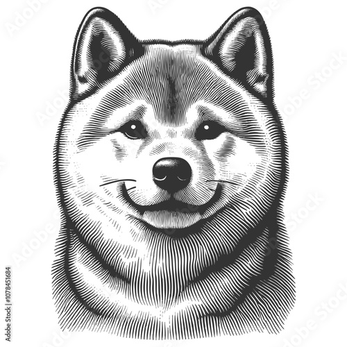 smiling Shiba Inu dog with curled tail, breed cheerful and friendly personality in a vintage style sketch engraving generative ai vector illustration. Scratch board imitation. Black and white image.