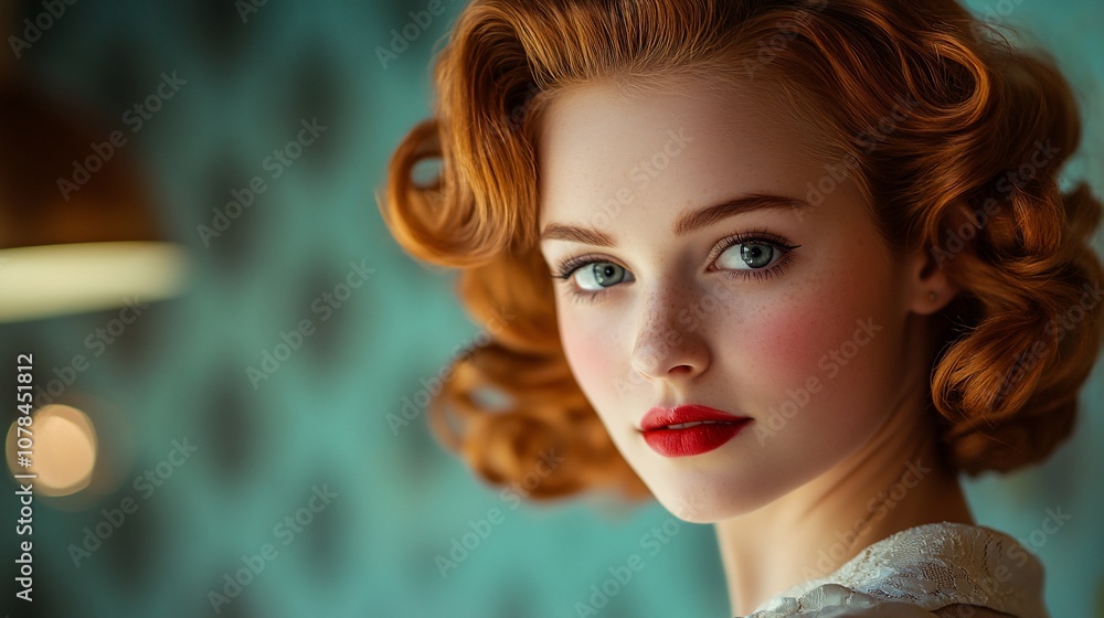 Close-up portrait of a beautiful woman with red hair, wearing red lipstick and looking at the camera. Close-up portrait of a beautiful woman with red hair, wearing red lipstick and looking at the camera.