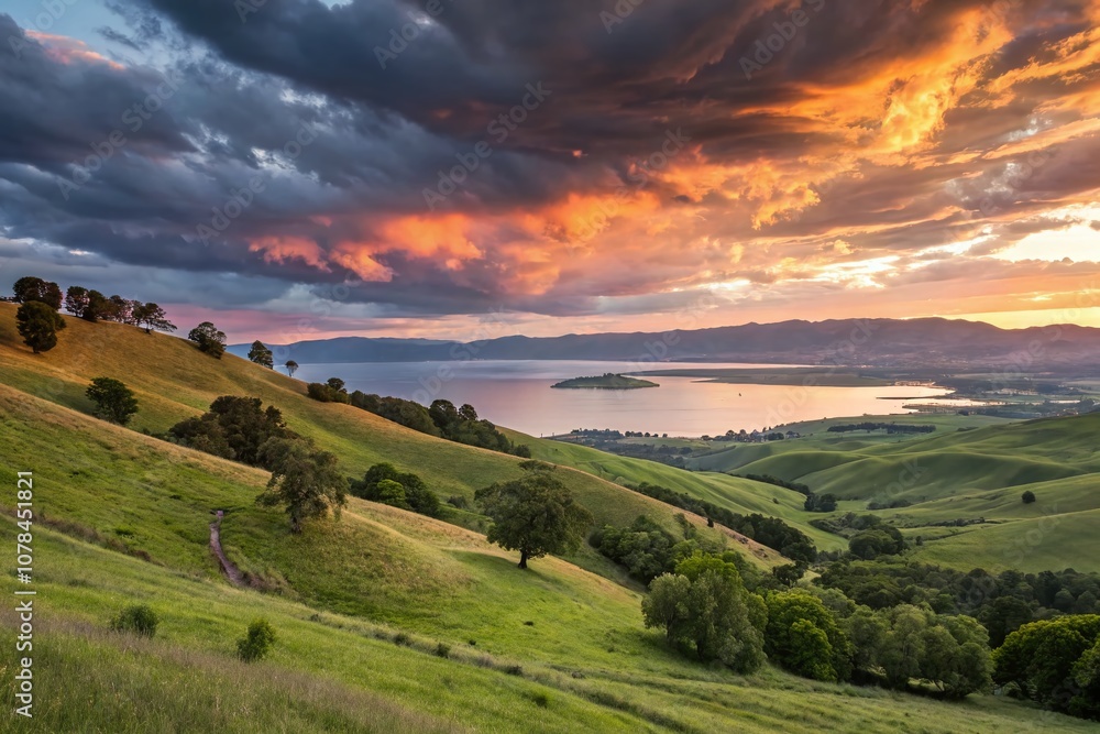 Fototapeta premium Captivating Landscape with Dramatic Sky at Golden Hour Emphasizing Rule of Thirds Composition for Nature Photography Enthusiasts