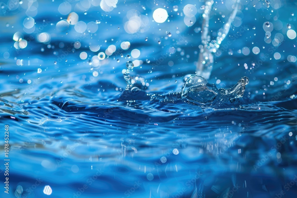 Water droplets splashing and creating ripples in a blue pool. Water droplets splashing and creating ripples in a blue pool.