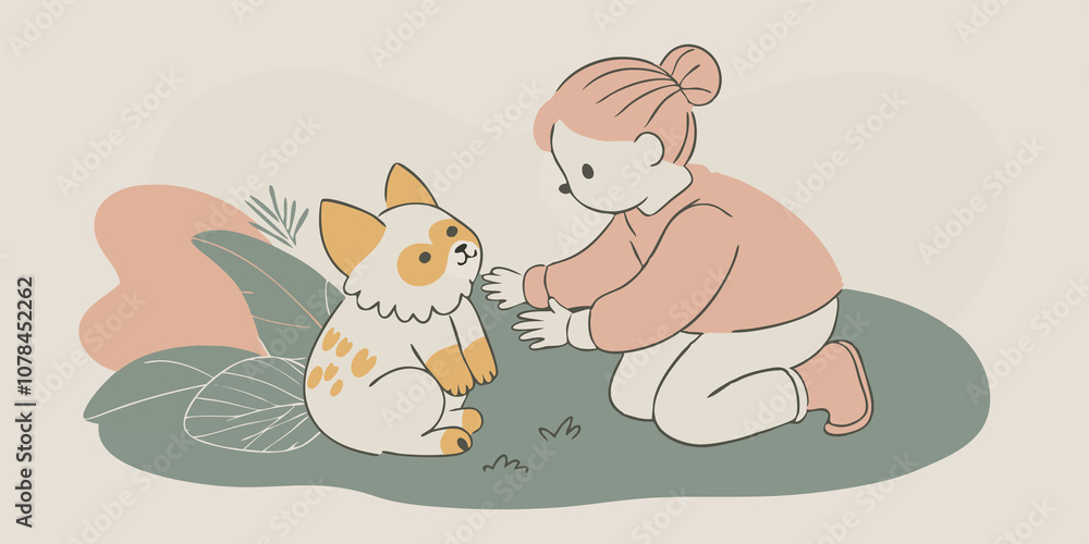 Obraz premium Charming Companion A child with gentle pastelcolored claws and soft animal ears kneeling down to pet a small plush animal illustrating the playful side of animal cosplay.