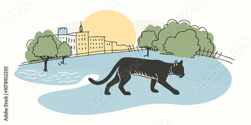 Chasing Shadows A catlike Therian prowling along the edge of the river weaving through shadows cast by trees and buildings exhibiting stealth and grace.