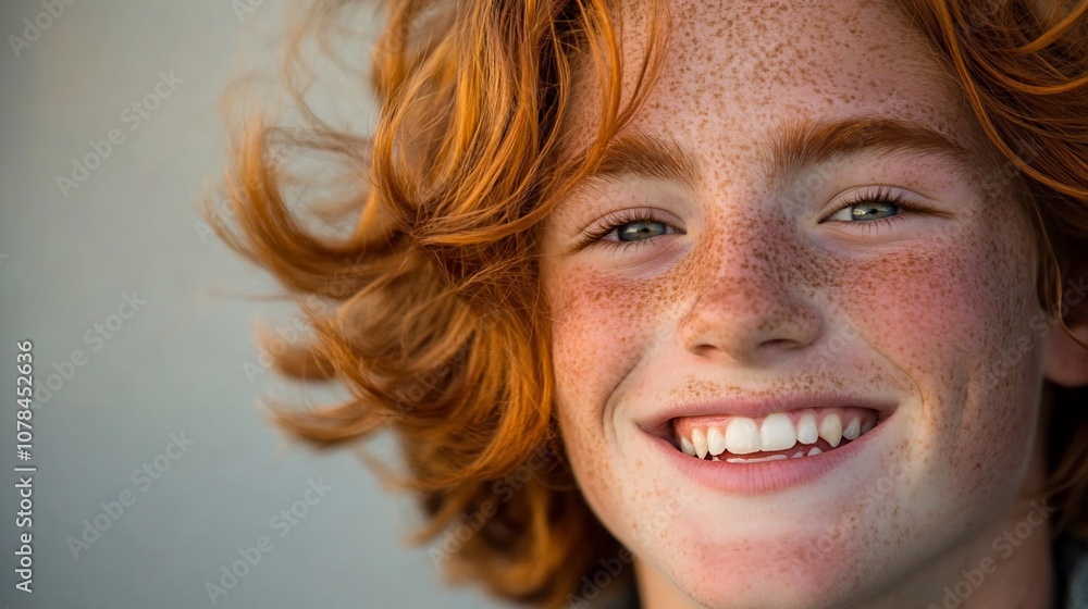 Close-up portrait of a young boy with red hair and freckles, smiling and looking at the camera. Close-up portrait of a young boy with red hair and freckles, smiling and looking at the camera.
