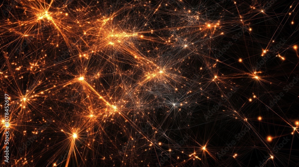 Fototapeta premium Abstract background with glowing orange lines and dots on a black background.