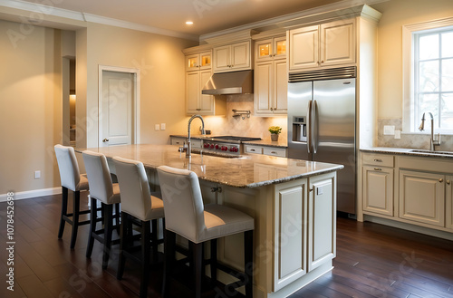 Home kitchen interior with bar island and cooking cabinet, refrigerator