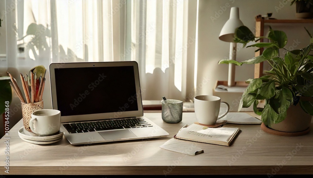 Organized Workspace with Coffee Mug, Laptop, and Open Notebook on a Clean Desk Organized Workspace with Coffee Mug, Laptop, and Open Notebook on a Clean Desk