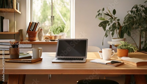 Wallpaper Mural Organized Workspace with Coffee Mug, Laptop, and Open Notebook on a Clean Desk Torontodigital.ca