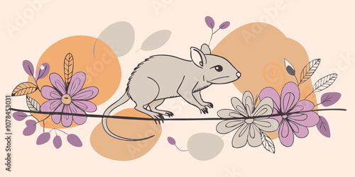 A compact mousethemed Therian nimbly scurrying along a narrow wire with a look of concentration surrounded by an intricate garden scene filled with vibrant flowers.