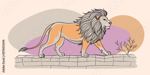 An elegant lionlike Therian displaying a majestic mane and a confident stance as it carefully walks along a thin stone wall with nature flourishing around it. photo