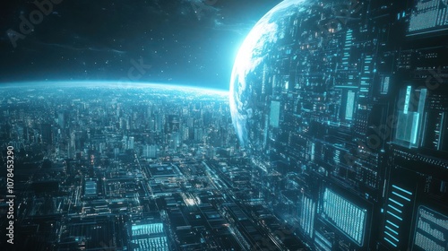 A futuristic city with glowing lights and a large, futuristic orb in the sky.