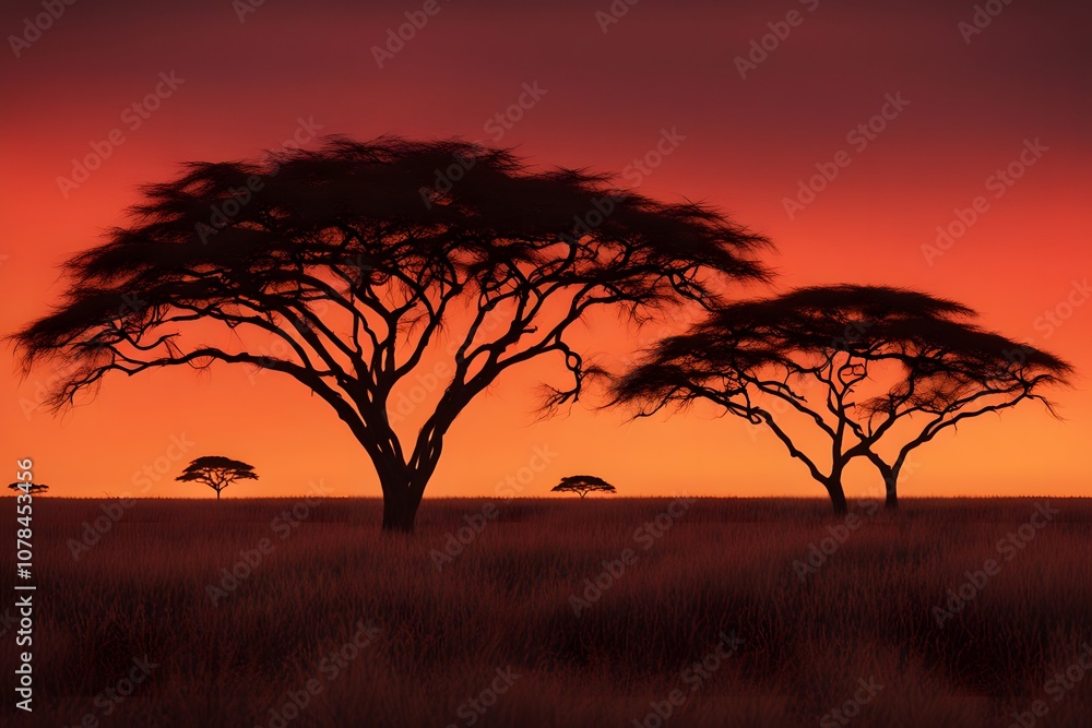 Silhouette of acacia trees on a savannah set against a background, Ai Generated Silhouette of acacia trees on a savannah set against a background, Ai Generated