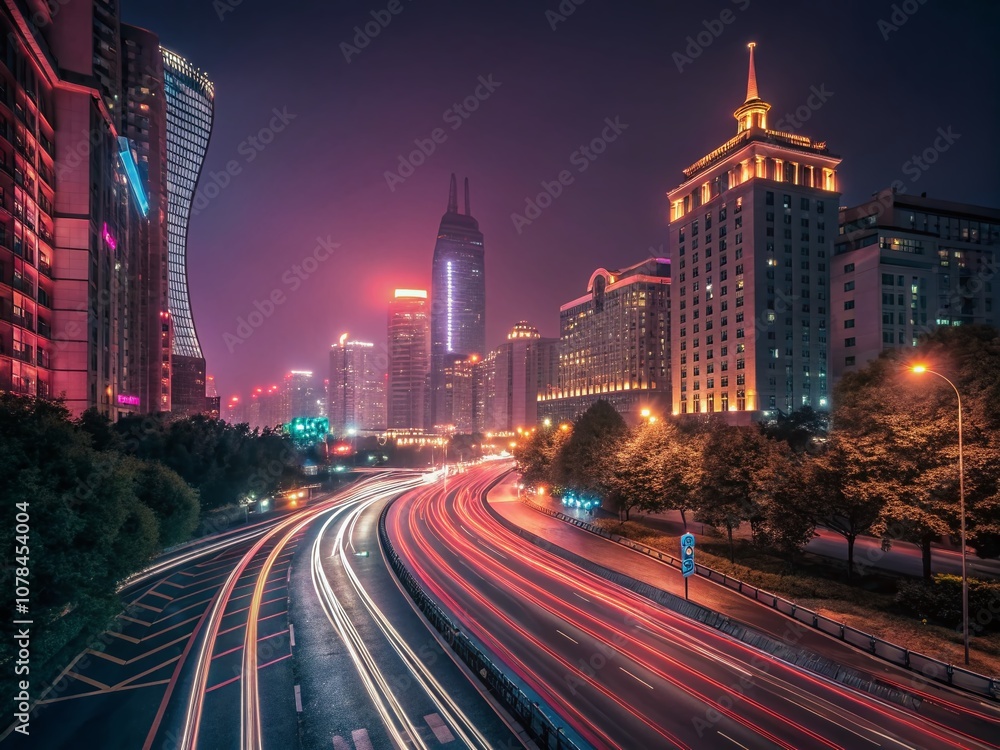 Fototapeta premium Captivating Long Exposure Photography of Urban Nightscape with Bright Neon Lights and Dynamic Traffic Trails Creating a Mesmerizing Visual Experience