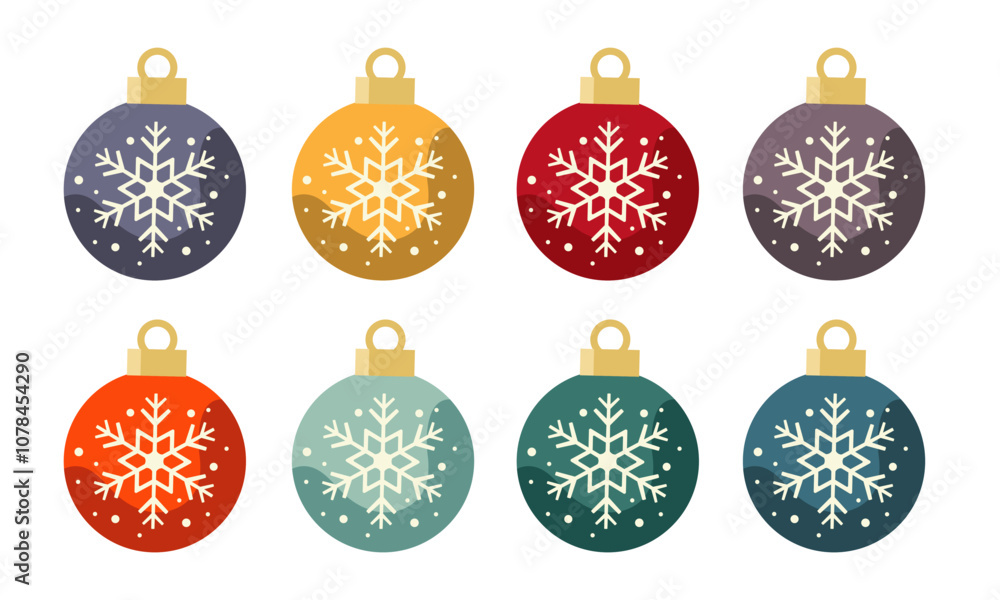 Set of colourful Christmas tree balls Christmas balls with snowflakes isolated on white background for festive season Vector Illustration Set of colourful Christmas tree balls Christmas balls with snowflakes isolated on white background for festive season Vector Illustration