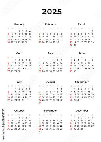 Vertical annual calendar template for 2025 year isolated on a transparent background. Week Starts on SUNDAY. Business calendar in a minimalist style for 2025 year. Vector illustration, PNG