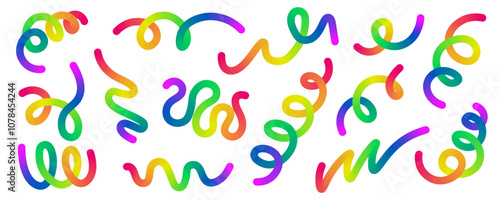 Vibrant rainbow gradient serpentines isolated on a transparent background. Abstract handdrawn lines and patterns. Vector illustration