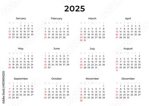 Horizontal annual calendar template for 2025 year on transparent background. Week Starts on SUNDAY. Business calendar in a minimalist style for 2025 year. Vector, PNG