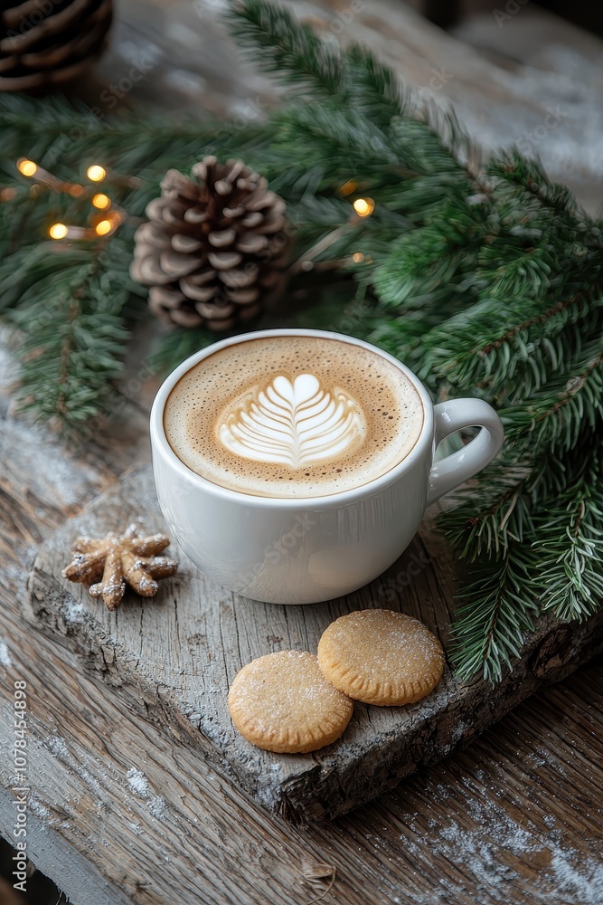 coffee cookies christmas tree branches on wooden table. Selective focus coffee cookies christmas tree branches on wooden table. Selective focus