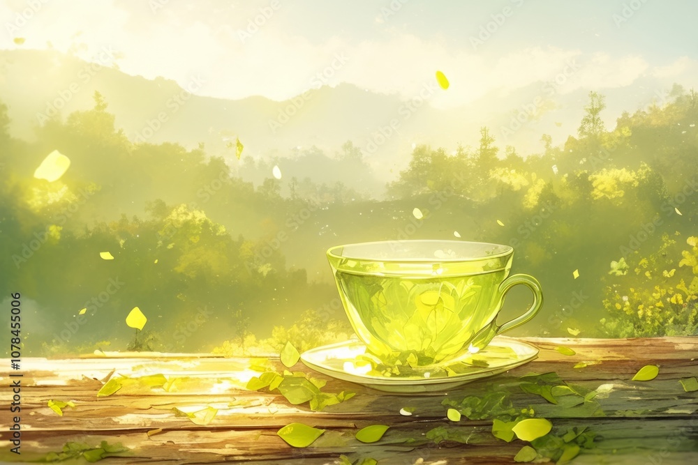 A close-up of a cup of green tea glows in golden sunlight on a rustic wooden table surrounded by delicate green petals showcasing a soothing watercolor style A close-up of a cup of green tea glows in golden sunlight on a rustic wooden table surrounded by delicate green petals showcasing a soothing watercolor style
