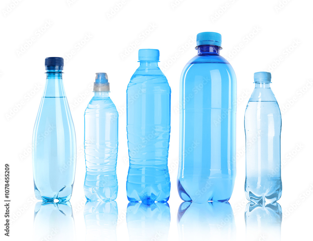 Different plastic bottles with water on white background Different plastic bottles with water on white background