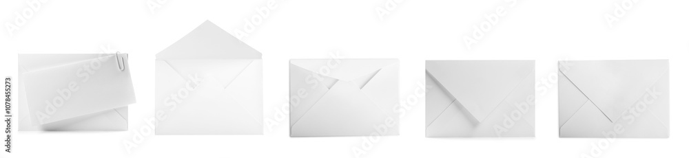 Envelopes and blank letter isolated on white, collage