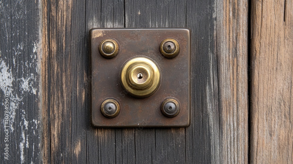 Obraz premium Vintage Door Knob with Keyhole and Rustic Wooden Background, Detailed Close-Up of an Ornate Lock Mechanism on Weathered Wood