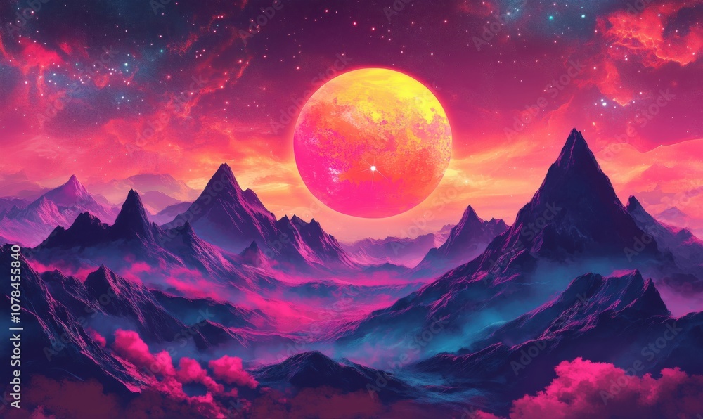 Vibrant cosmic landscape with mountains and glowing sun Vibrant cosmic landscape with mountains and glowing sun