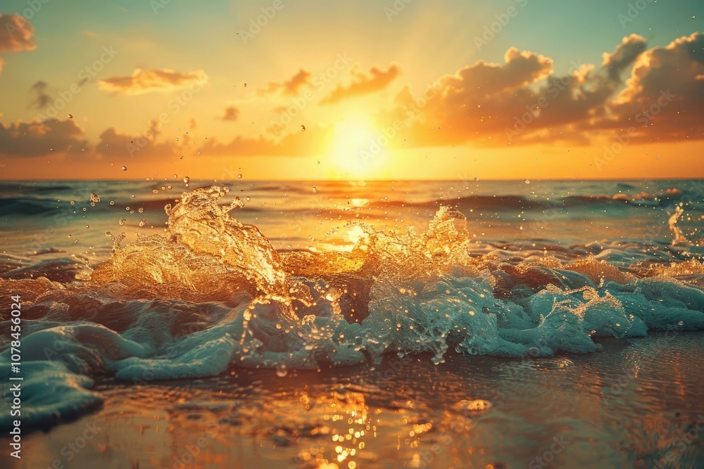 Obraz premium Ocean waves crashing against the shore during a breathtaking sunset.