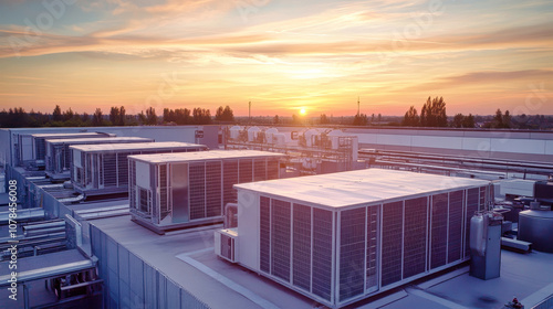 Air conditioning units on the roof of an industrial building at sunset showcasing modern climate control technology and energy efficiency photo