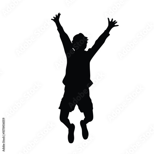 A person is jumping in the air. The person is wearing shorts and a shirt