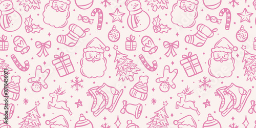 Pink Christmas doodle pattern, vector seamless repeating holiday background with hand drawn illustrations, kids duotone wallpaper or wrapping paper design