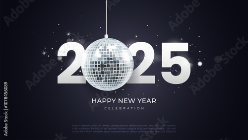 Happy New Year 2025 Shiny background with party ball and star vector. 2025 Happy New Year Celebration Background Design. Greeting Card, Banner, Poster. Vector Illustration. Pro Vector
