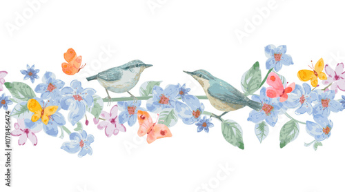 watercolor floral seamless border with couple of birds, butterflies and flowers.