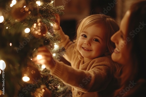 A happy family decorates a Christmas tree. 