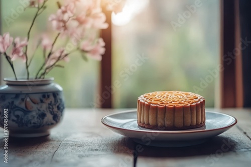 Mooncake for the Mid Autumn Festival featuring a vintage Chinese dessert style photo