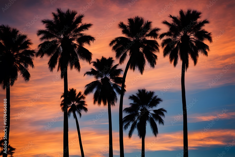 Silhouette of tall palm trees against a sunset sky transitioning from orange at the horizon to dark, AI Generated Silhouette of tall palm trees against a sunset sky transitioning from orange at the horizon to dark, AI Generated