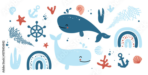 Ocean life. Starfish, whales, shells, corals, anchor and rudder. Underwater. Vector childish pattern for fabric, textile, baby shower decor
