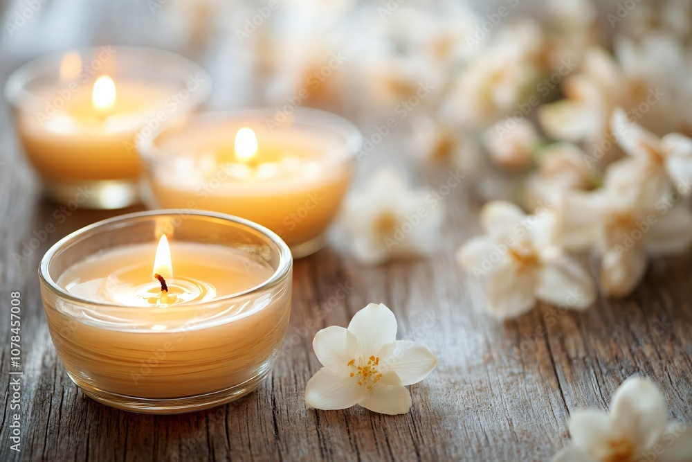 Tranquil Scene with Lit Candles and Delicate Flowers on Wooden Surface, Perfect for Creating a Relaxing Atmosphere and Evoking Peaceful Ambiance at Home or Spa Tranquil Scene with Lit Candles and Delicate Flowers on Wooden Surface, Perfect for Creating a Relaxing Atmosphere and Evoking Peaceful Ambiance at Home or Spa