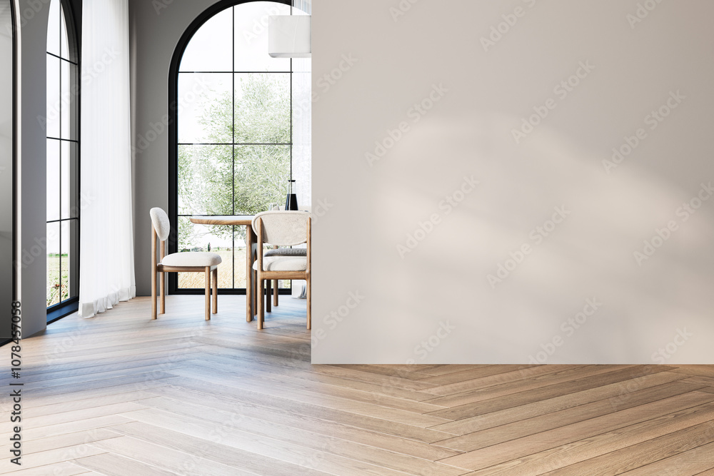 Fototapeta premium Modern interior design of apartment, dining room with table and chairs, kitchen, empty living room with white wall, panorama, yard, aches.
