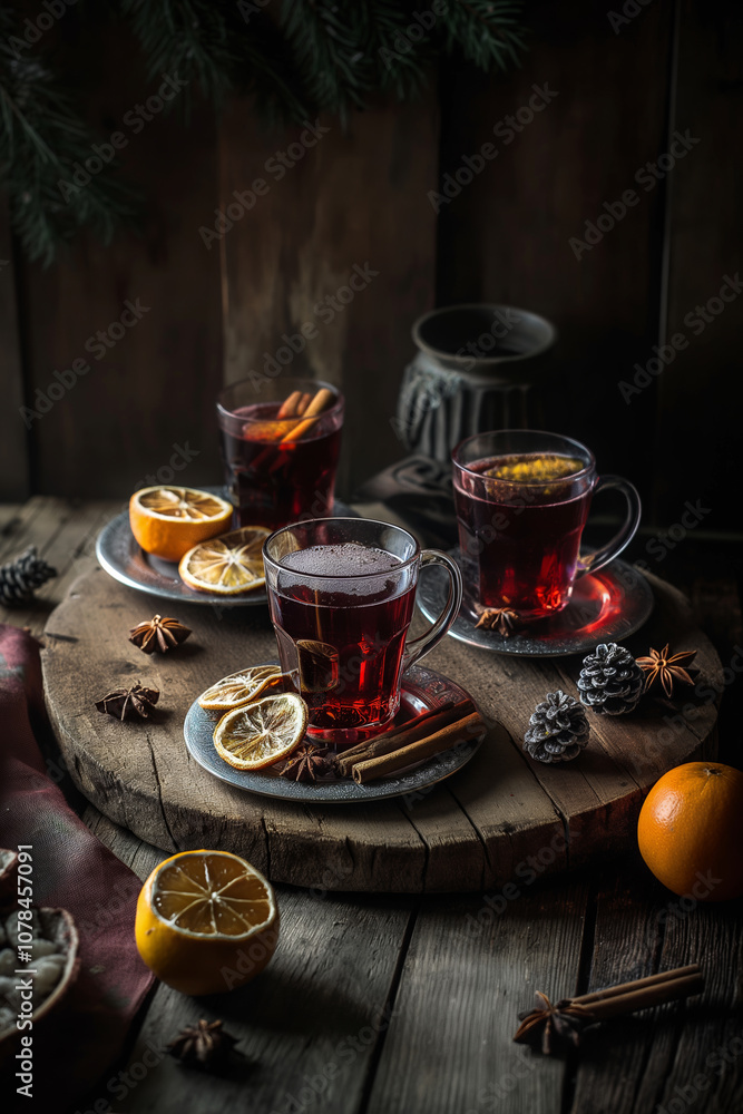 Glass of delicious mulled wine, nicely decorated with orange slices, cinnamon, anise stars. Table with cozy winter decoration. Tasty spiced wine beverage, perfect for long winter nights and Christmas Glass of delicious mulled wine, nicely decorated with orange slices, cinnamon, anise stars. Table with cozy winter decoration. Tasty spiced wine beverage, perfect for long winter nights and Christmas