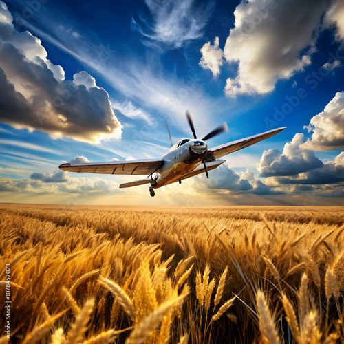 A classic propeller airplane glides over a golden wheat field