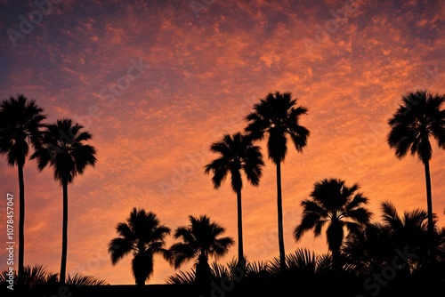 Silhouette of tall palm trees against a sunset sky transitioning from orange at the horizon to dark, AI Generated