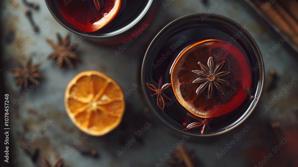 Cup of delicious mulled wine, nicely decorated with orange slices, cinnamon, anise stars. Table with cozy winter decoration. Tasty spiced wine beverage, perfect for long winter nights and Christmas Cup of delicious mulled wine, nicely decorated with orange slices, cinnamon, anise stars. Table with cozy winter decoration. Tasty spiced wine beverage, perfect for long winter nights and Christmas
