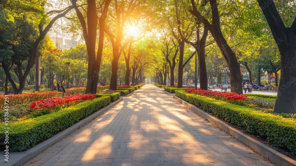 Naklejka premium Serene Urban Park Pathway Bathed in Golden Morning Light with Lush Green Trees and Vibrant Flower Beds Creating a Tranquil Nature Retreat Amidst City Life